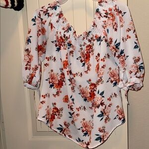 Floral Smocked V-Neck Blouse in White with Rust Rose Print